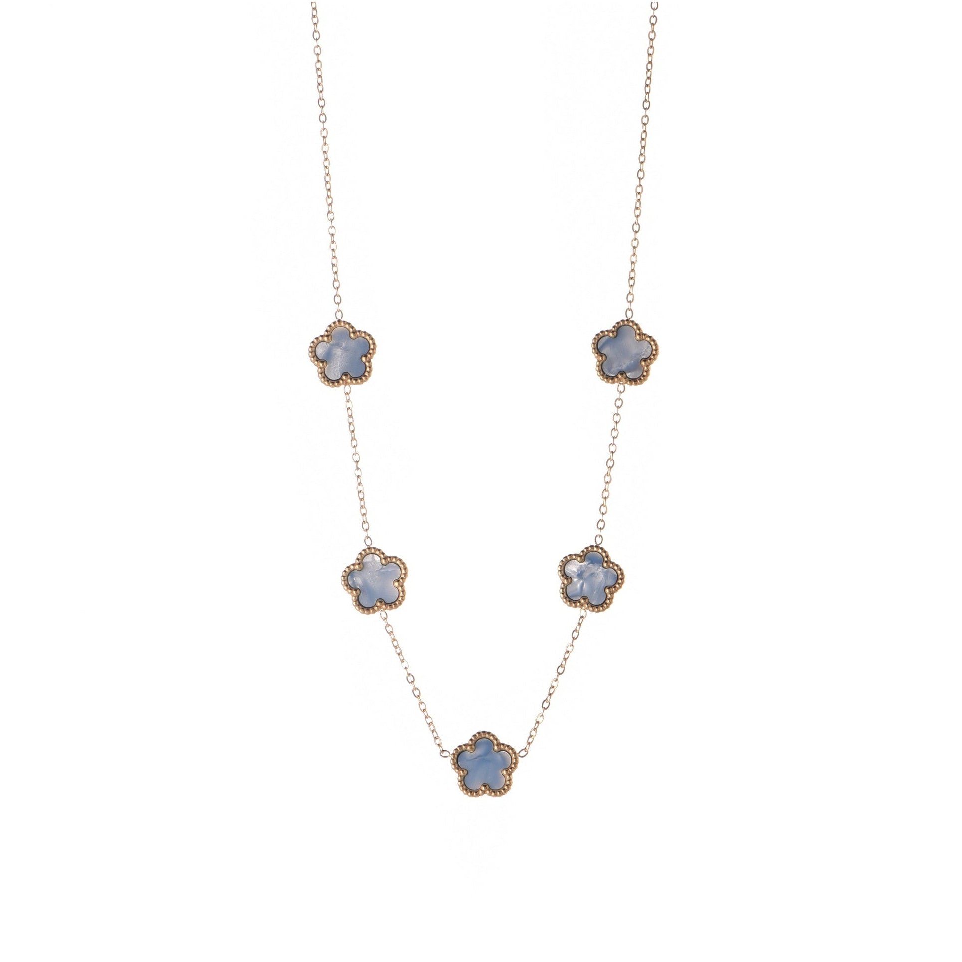 Collar Trébol de Cuatro Hojas Perlado Azul Dorado