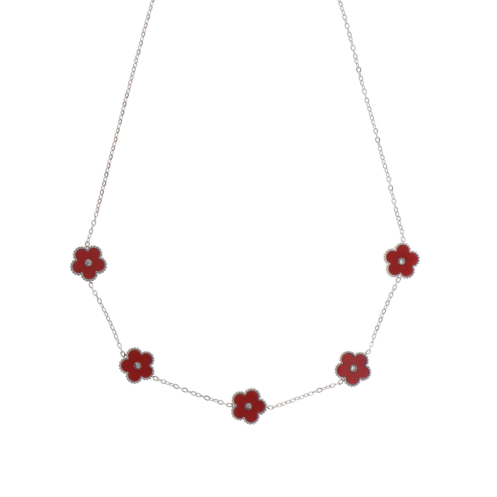 Collar Plata Trébol de Cuatro Hojas Rojo