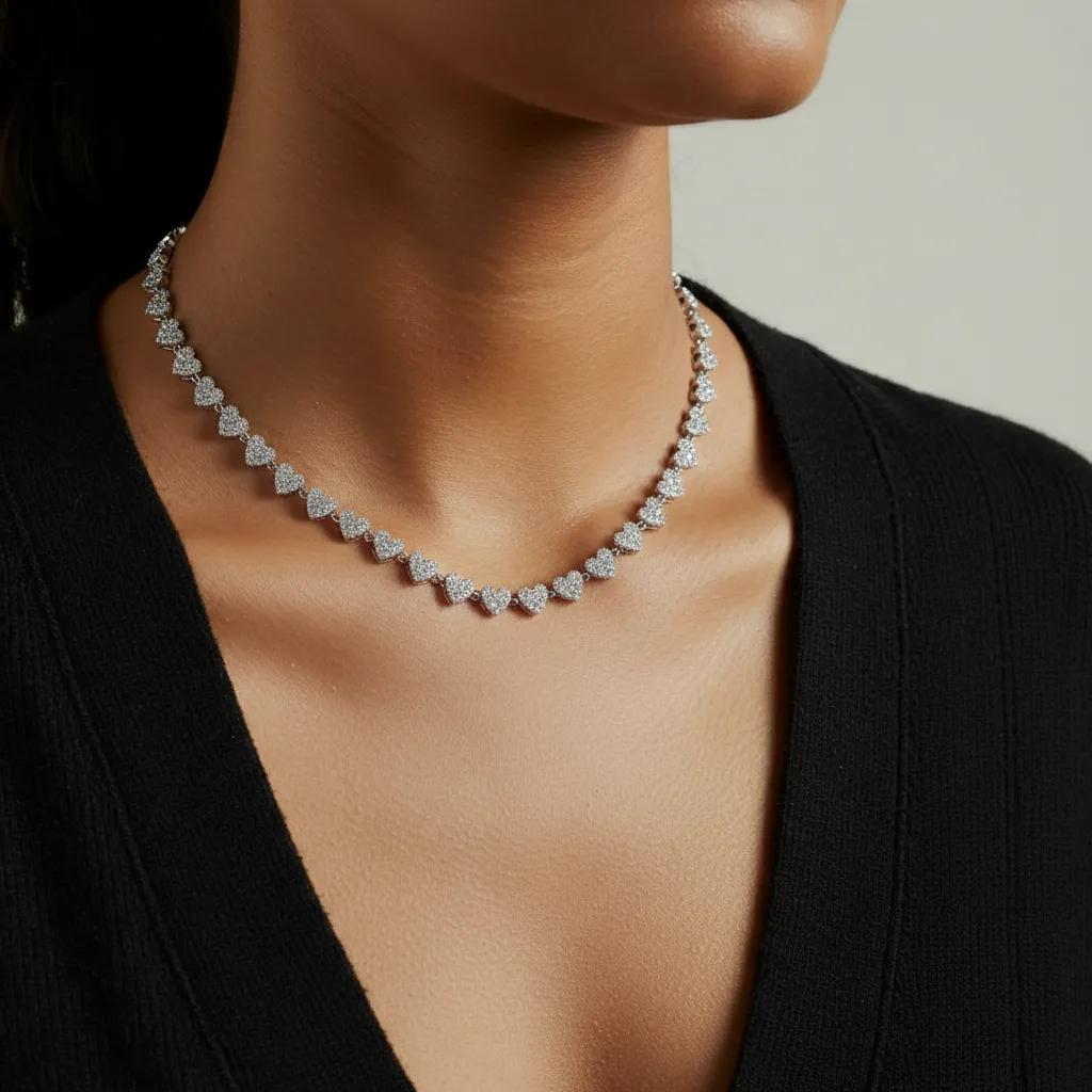 Collar Plata y Diamantes Corazones