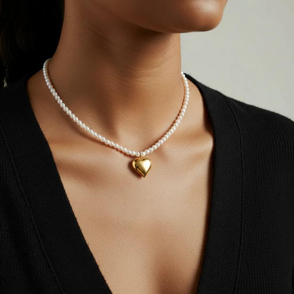 Halskette Perle & Gold Aufgeblasenes Herz
