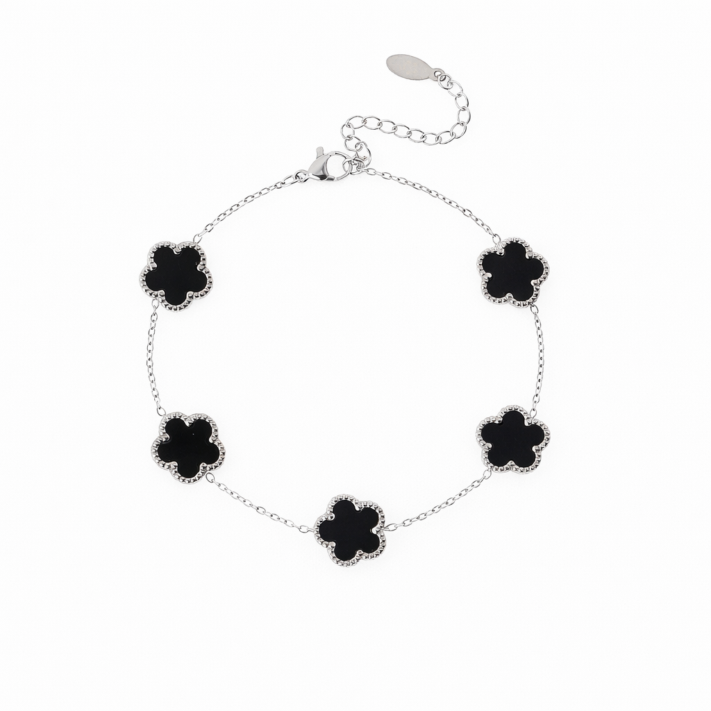 Four-Leaf Clover Silver Black Bracelet