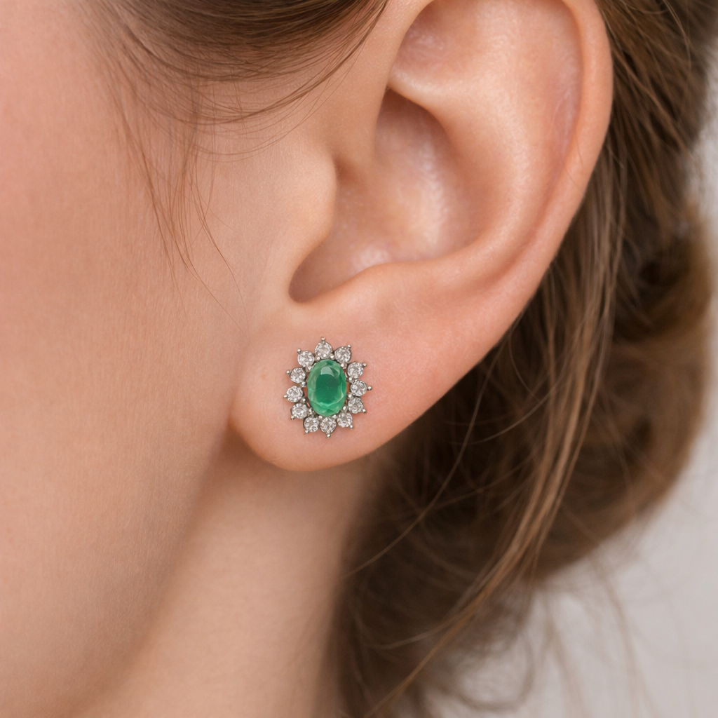 Silver Earrings Bria Green Stone