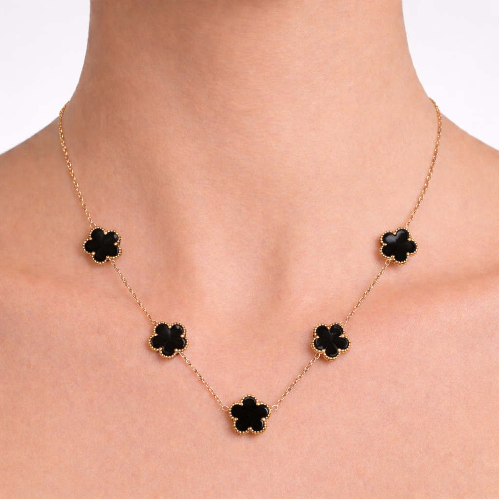 Halskette Vierblättriges Kleeblatt Schwarz Gold