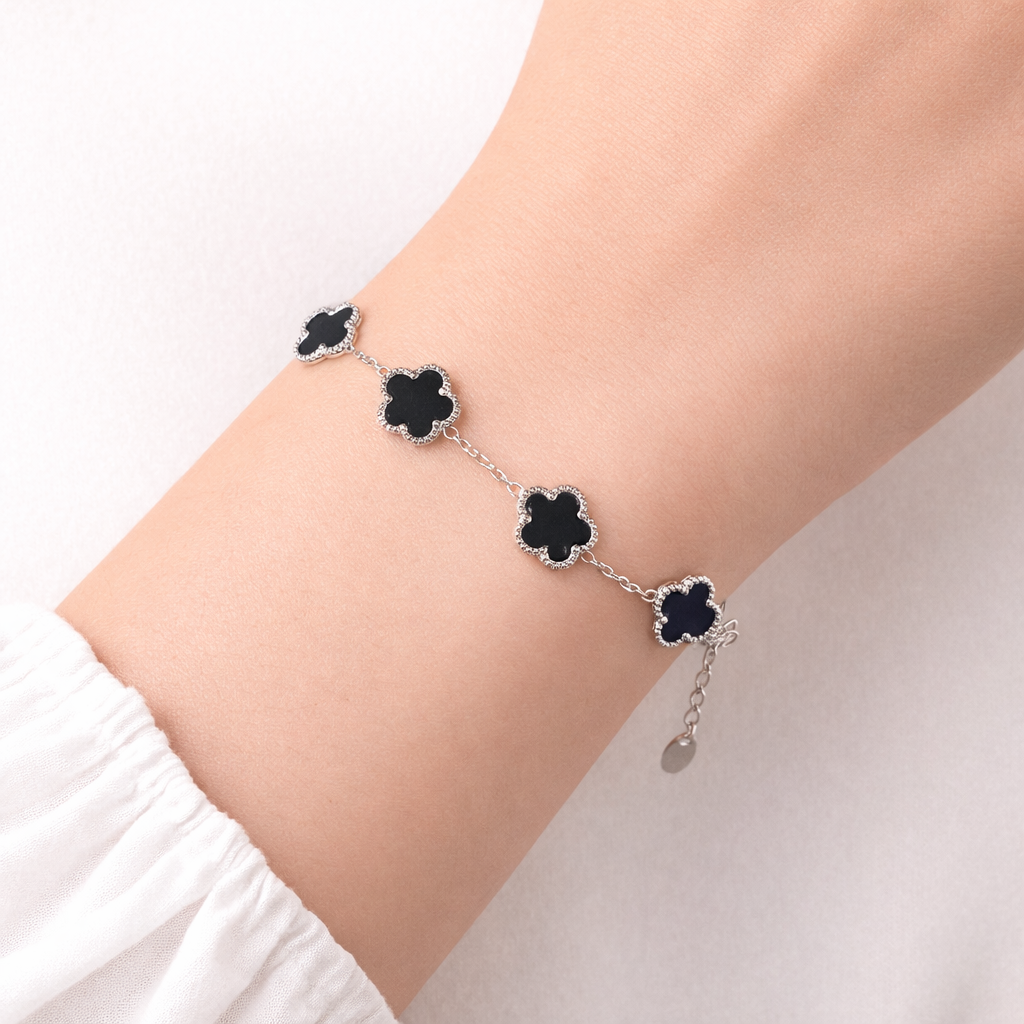 Four-Leaf Clover Silver Black Bracelet