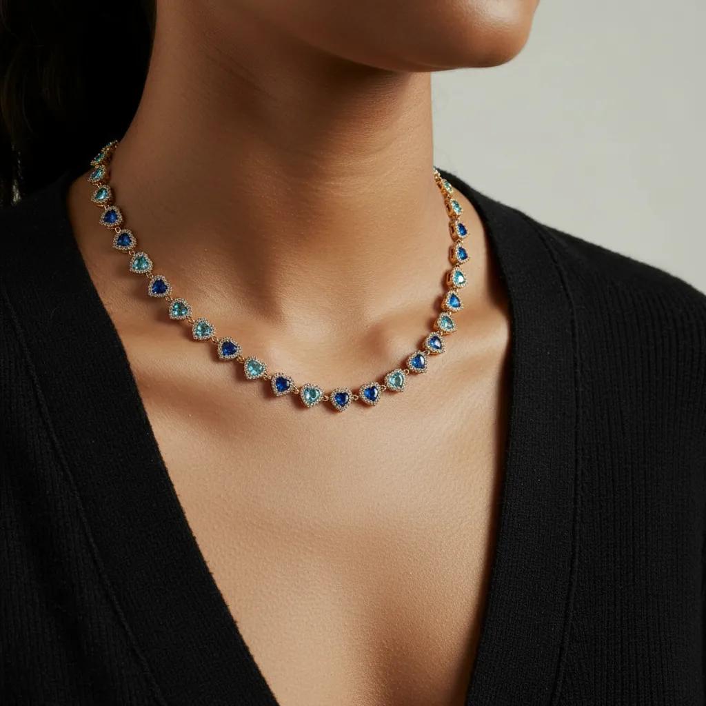 Collar Oro Corazones Azules