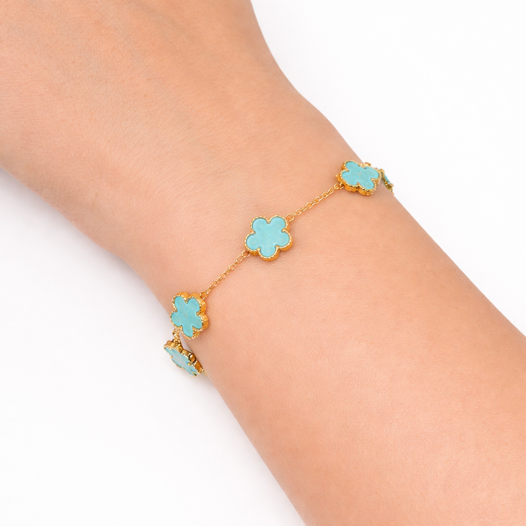 Vierblättriges Kleeblatt-Armband Türkis Gold