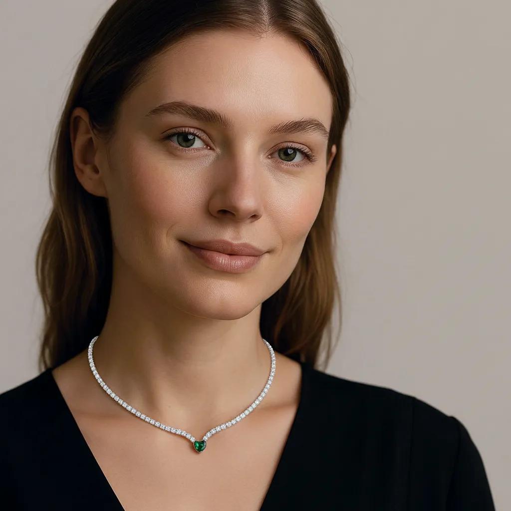 Silver Necklace Emerald Heart