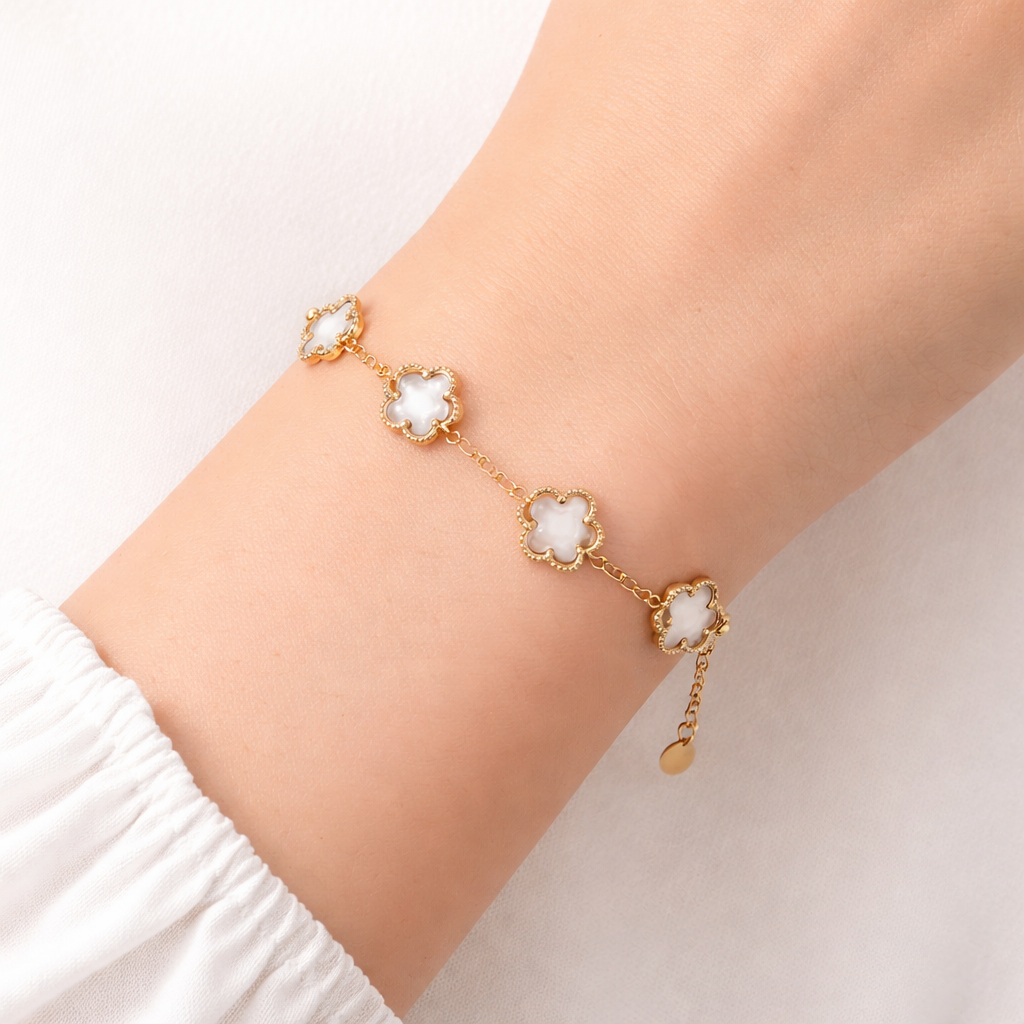 Four-Leaf Clover Gold Bracelet with Mother-of-Pearl